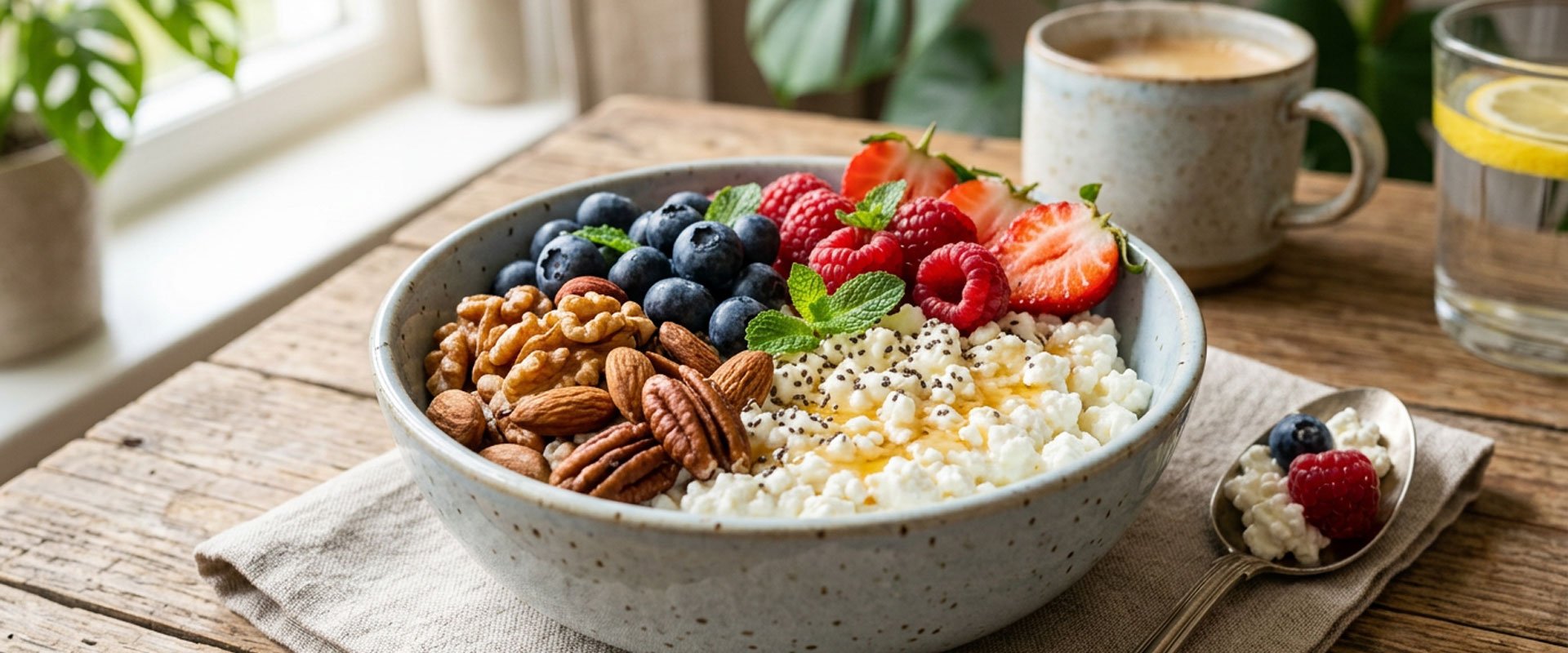 high protein meals for muscle gain with cottage cheese, nuts and fresh fruit bowl