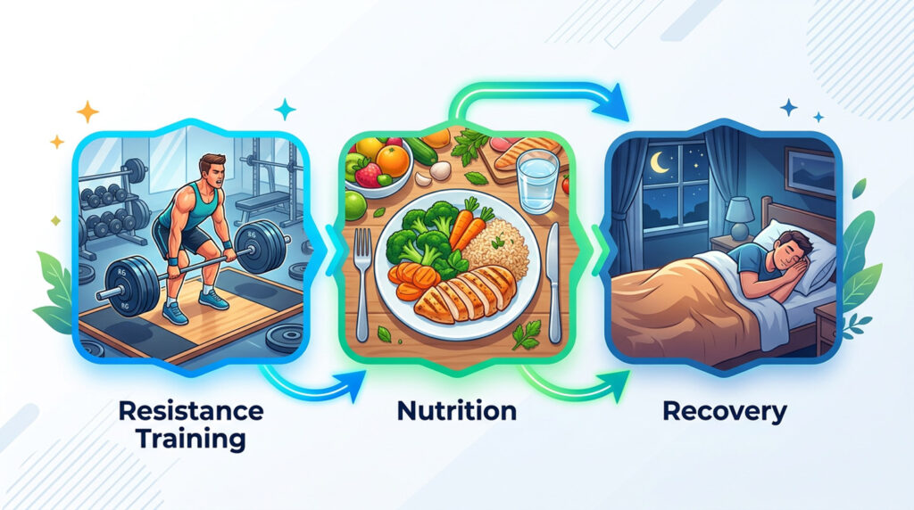 Illustration showing three pillars of muscle gain: weight training, balanced nutrition, and restful sleep.