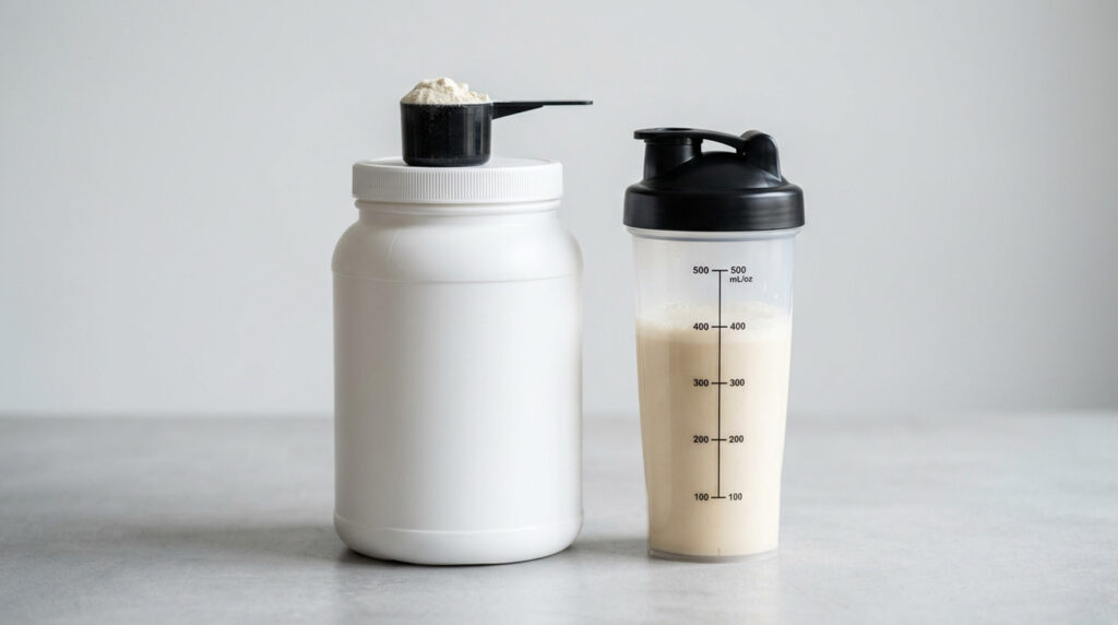 Unbranded protein powder tub with a scoop and a shaker bottle, representing a key muscle gain supplement.