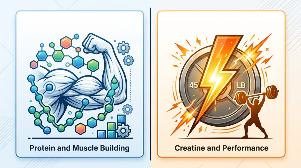 Illustration comparing protein (muscle building) and creatine (power and performance) supplements.